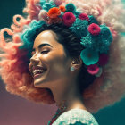 Colorful Flowers Adorn Woman's Hair in Joyful Image