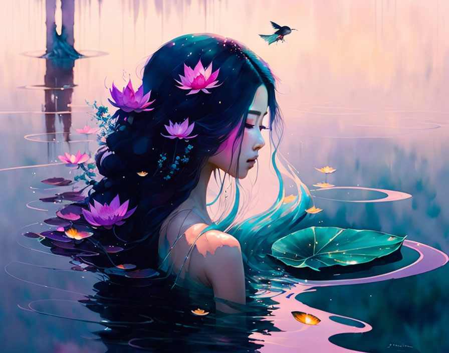 Woman submerged in water with lotus flowers and stars in hair.