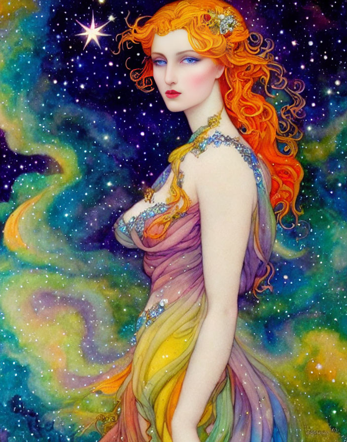 Red-haired woman with blue eyes in cosmic setting wearing multicolored dress.