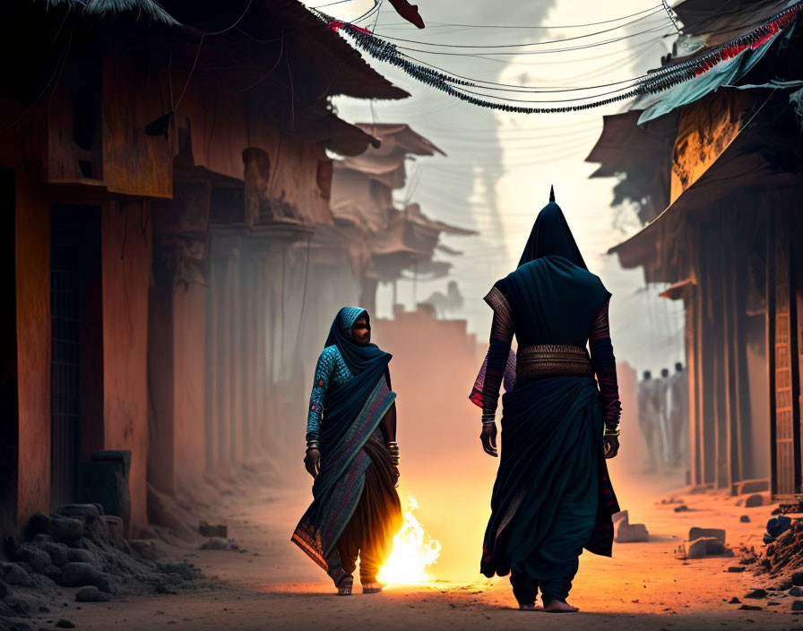 Traditional attire individuals stroll in historic street scene.