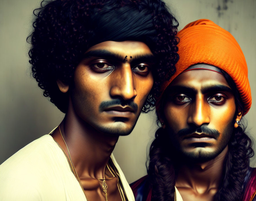 Intense gaze men in white shirt and orange headwrap in moody setting