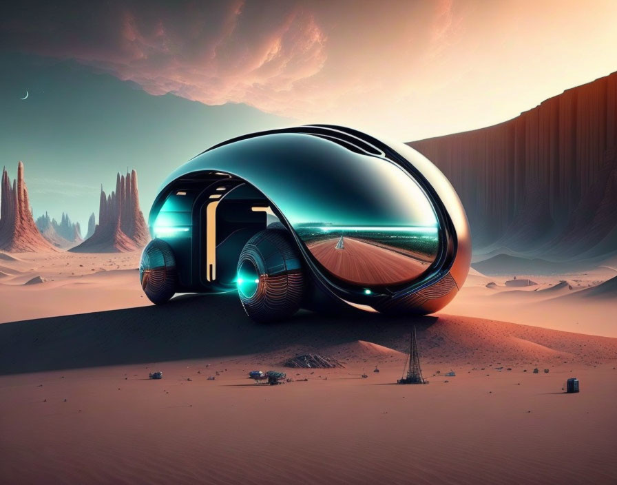 Sleek spherical habitat in desert landscape under alien sky