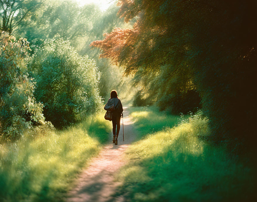 Hiker on Sunlit Forest Path Amid Autumn Trees