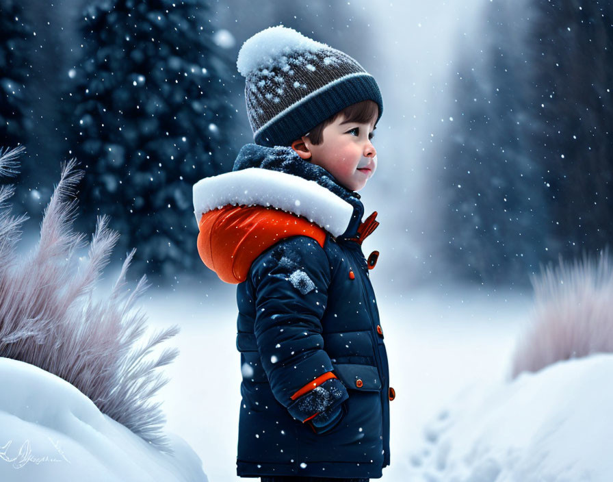 Child in winter coat and hat watching snowfall in snowy forest