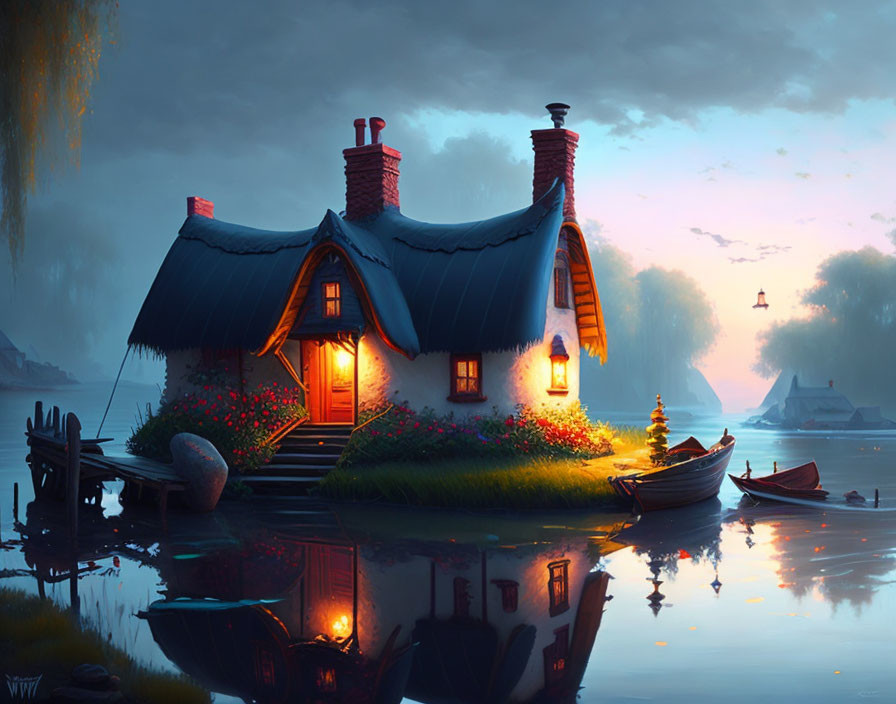 Thatched-Roof Cottage by Calm Lake at Dusk