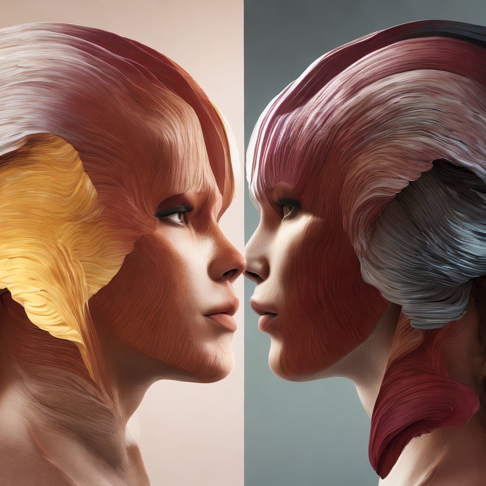 Stylized profile faces in warm and cool colors symbolizing duality of nature.