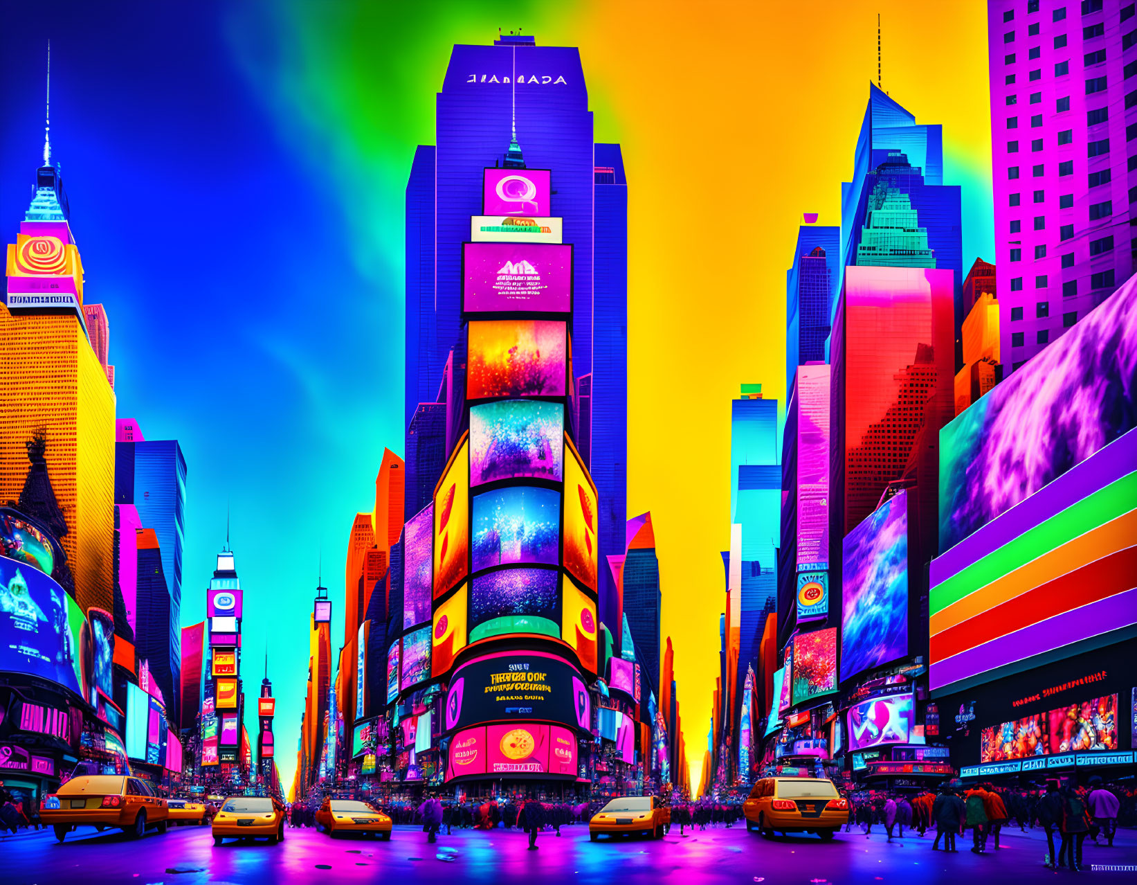 Colorful Times Square Scene with Billboards and Pedestrians