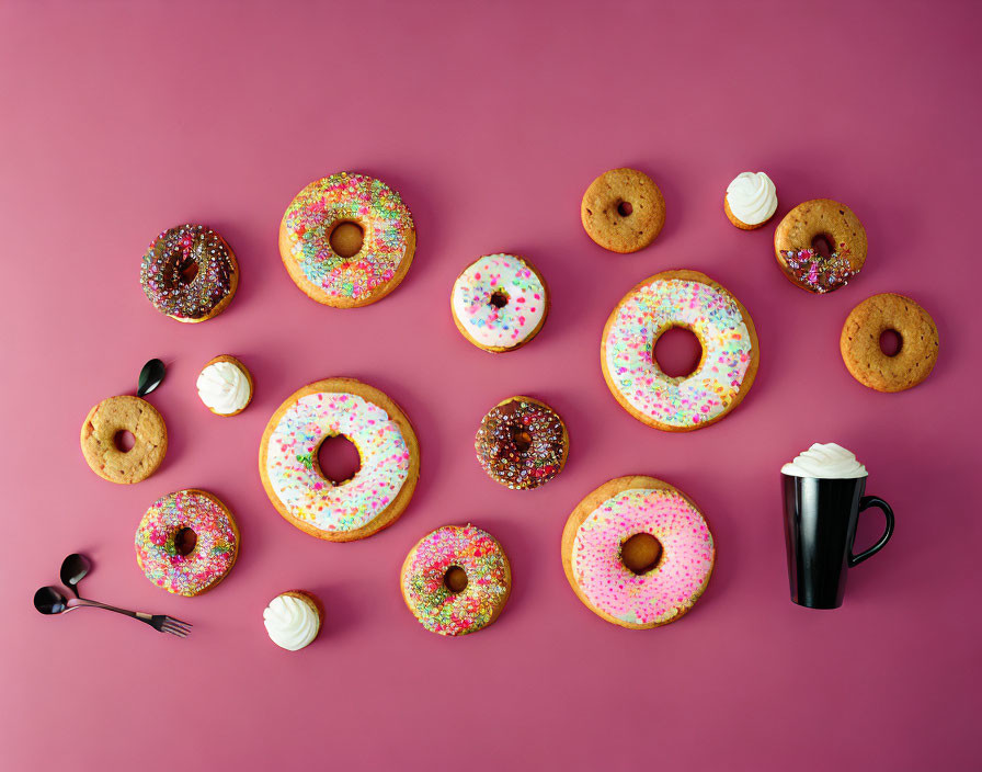 Assorted colorful sprinkled donuts and whipped cream drink on pink background