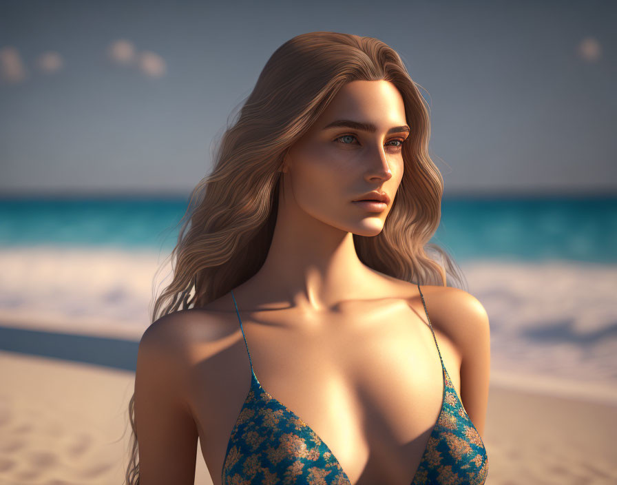 3D rendering of woman with wavy hair in blue swimsuit at beach