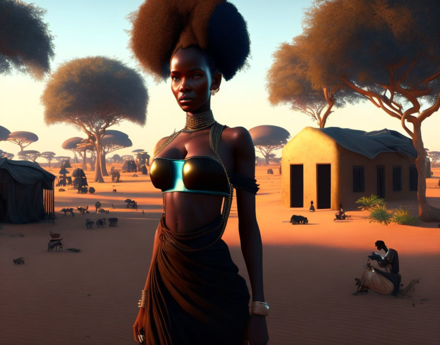 Digital artwork of woman in futuristic attire in desert village