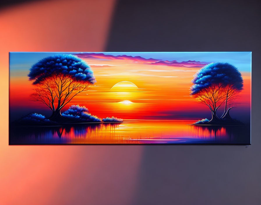 Sunset painting with reflective water, silhouette trees, ambient lighting