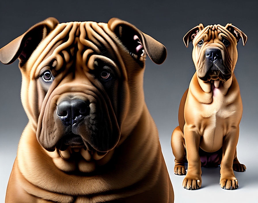 Two Shar-Pei dogs with detailed wrinkles and calm expressions.