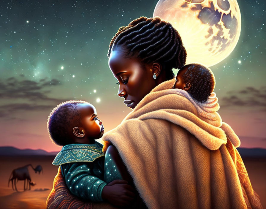 Mother embracing two children under moonlit sky with giraffe silhouette