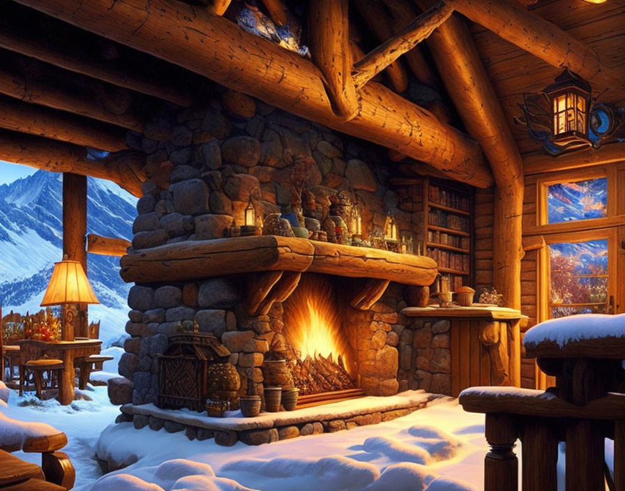 Rustic wooden cabin interior with stone fireplace and snowy mountain view