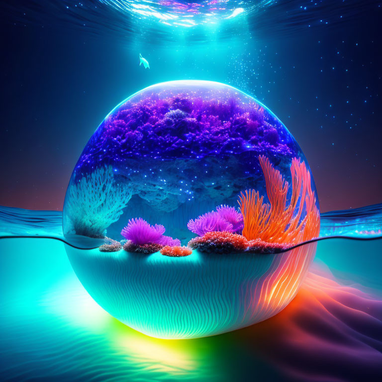 Colorful Underwater Scene in Translucent Sphere with Corals and Fish