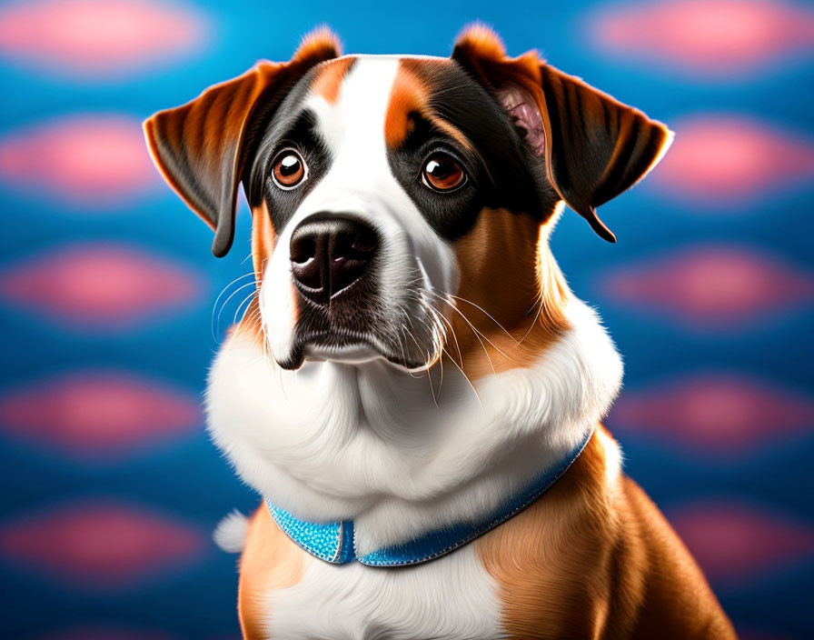 Brown and White Dog with Blue Collar on Blue Background with Pink Bone Patterns