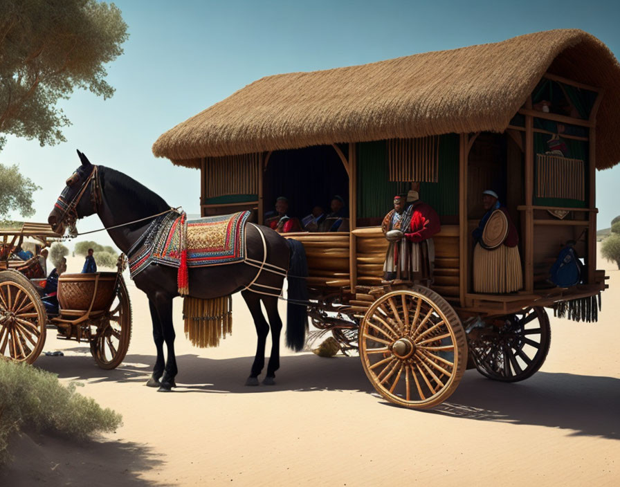 Traditional wooden carriage with thatched roof and people in traditional attire on sandy terrain