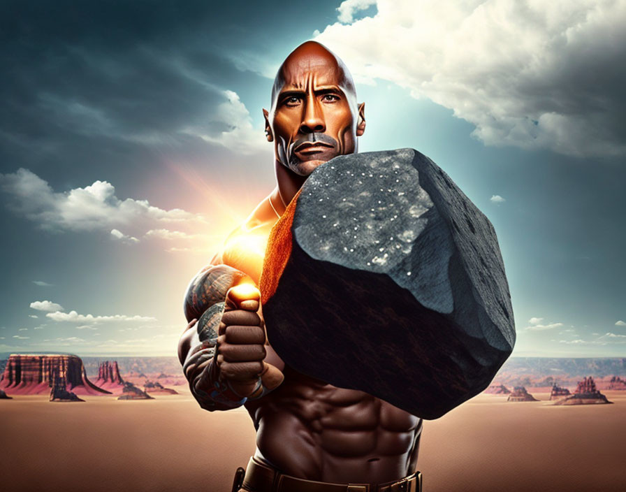 Muscular person holding large glowing hammer in dramatic desert scene