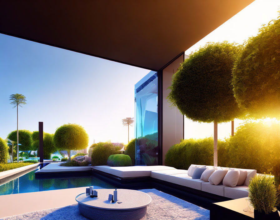 Contemporary Patio with Pool View and Sunset Garden Setting