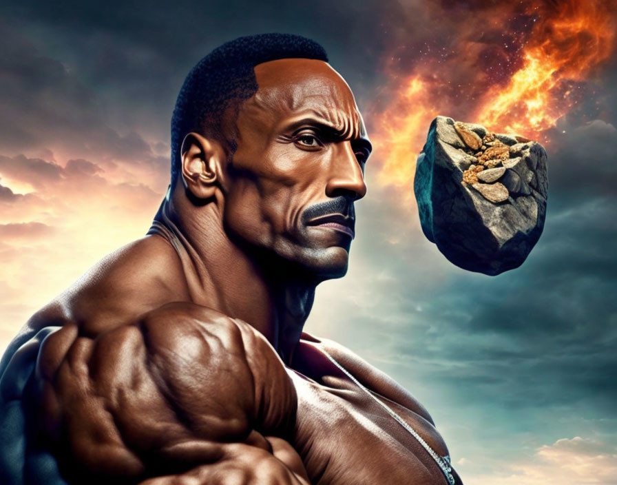 Muscular Man with Asteroid in Dramatic Sky