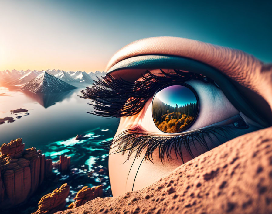 Surreal eye close-up with colorful landscape reflection