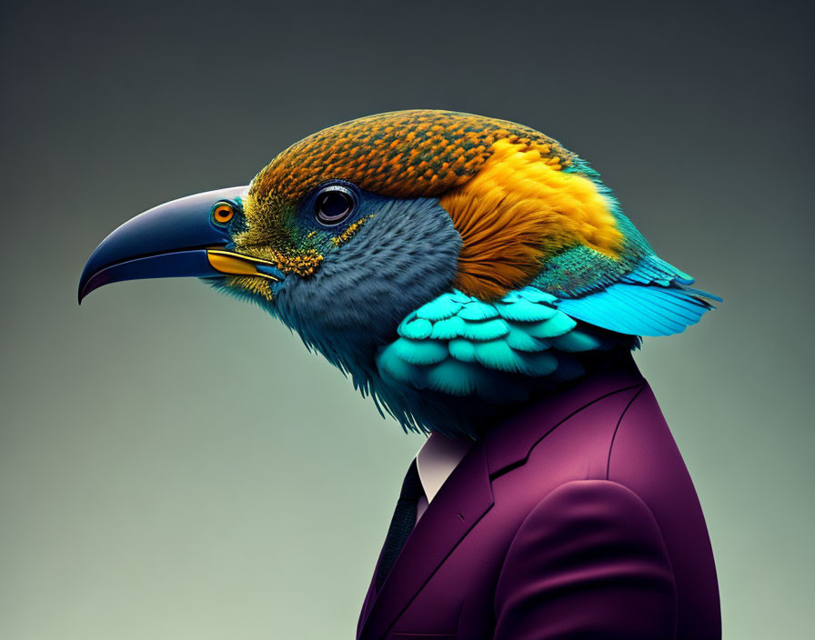 Colorful surreal bird portrait on human body in purple suit against muted background