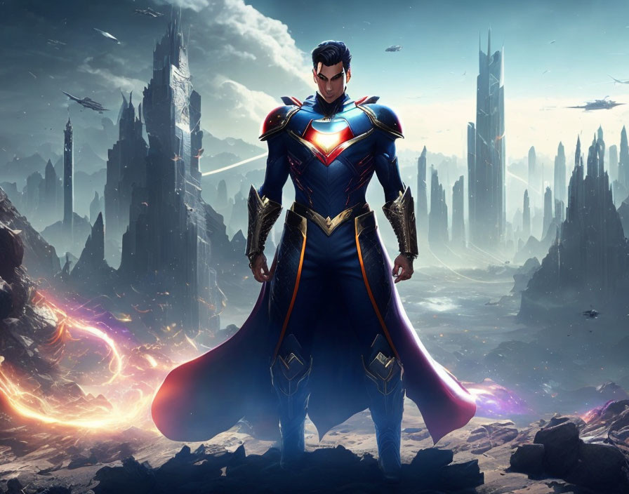 Superhero in Blue Suit with Red Cape and Emblem in Futuristic Landscape