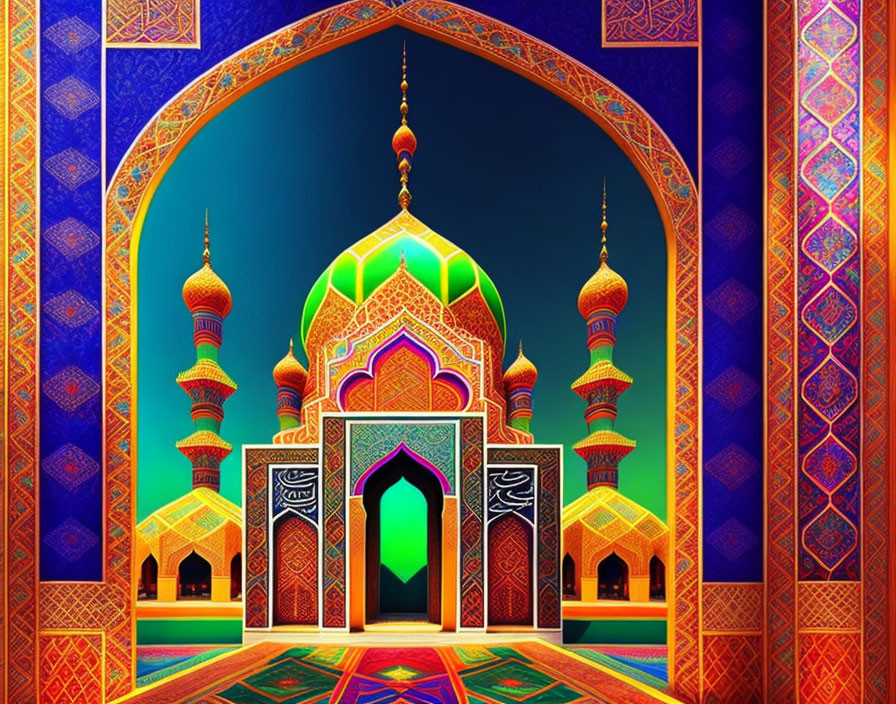 Colorful mosque illustration with domes, minarets, and geometric patterns.