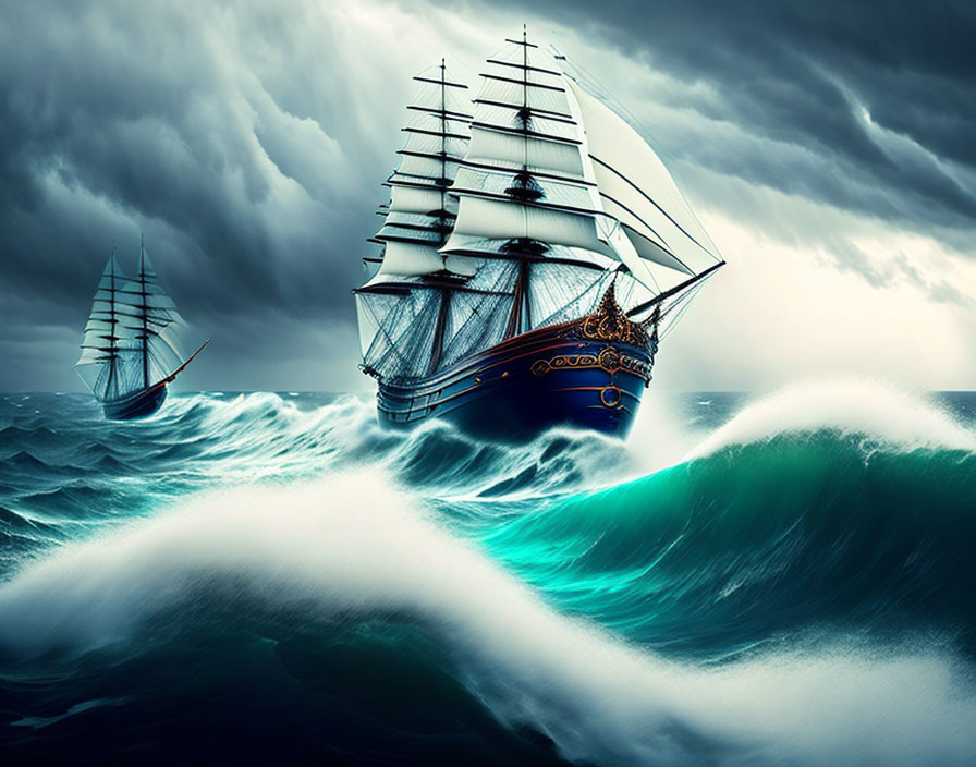 White-sailed tall ships on stormy ocean waves