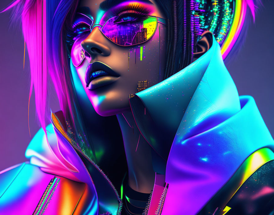 Colorful digital artwork: Woman with neon pink hair and futuristic purple sunglasses in cityscape.