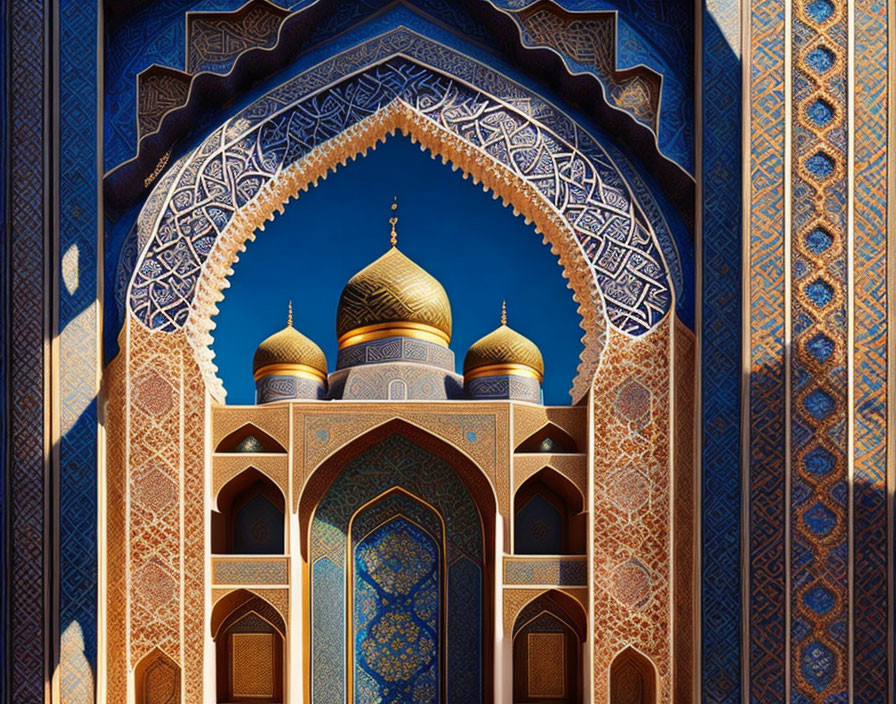 Islamic geometric pattern archway framing golden domes under clear sky