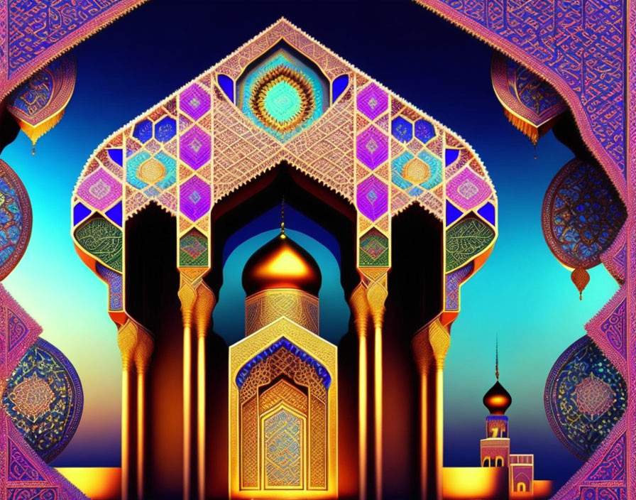 Detailed Islamic Architecture Illustration with Geometric Patterns & Arches