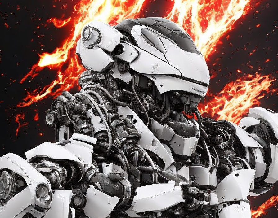 Detailed White Armored Robot in Fiery Backdrop