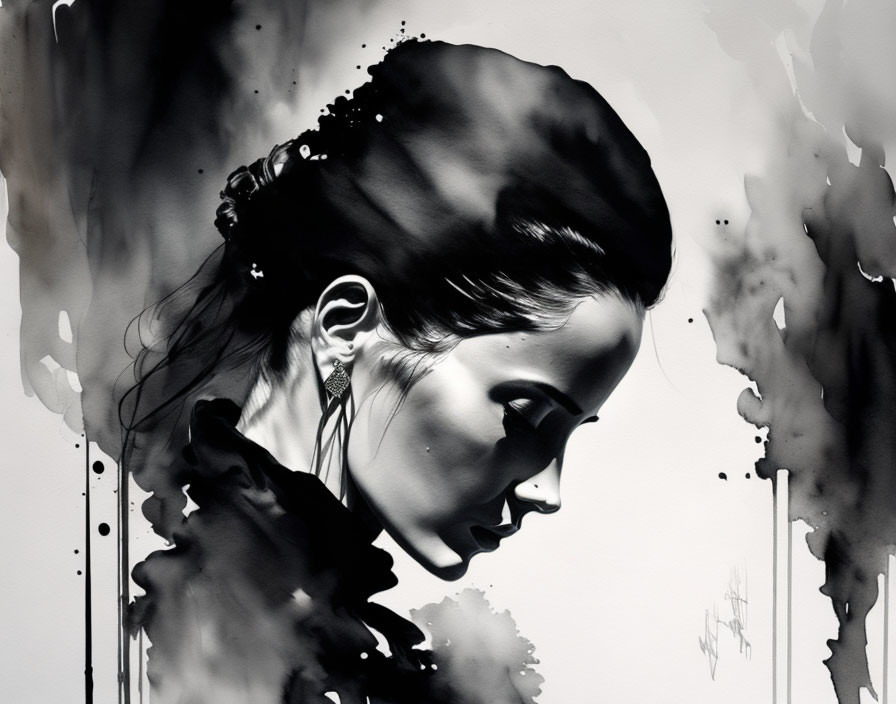 Monochromatic profile portrait dissolving into inky splatters