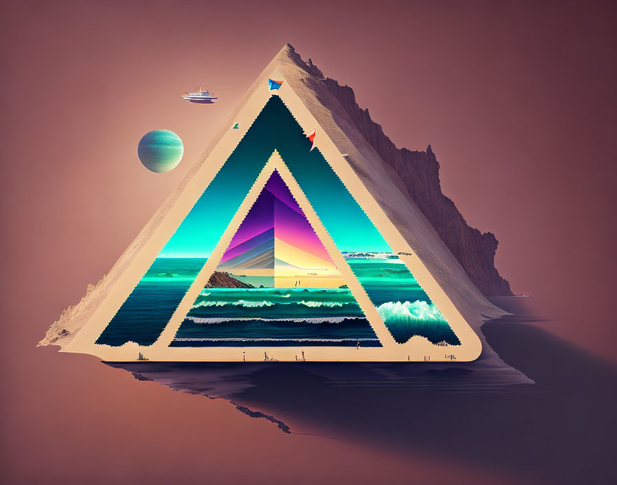 Triangular frame showcasing ocean waves, mountains, sunset, planet, and spaceship.