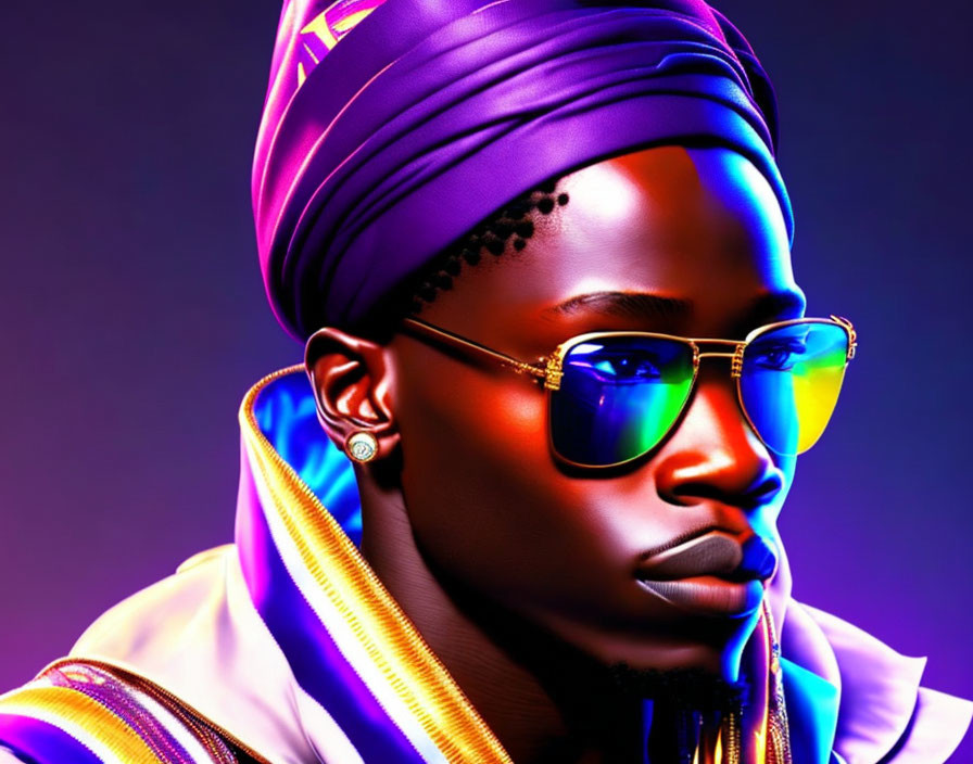 Person with Prominent Facial Features in Purple Turban & Sunglasses