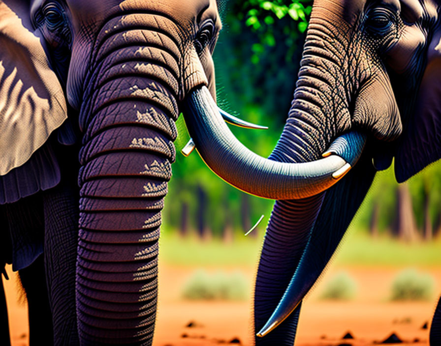 Elephants with intertwined trunks on textured background