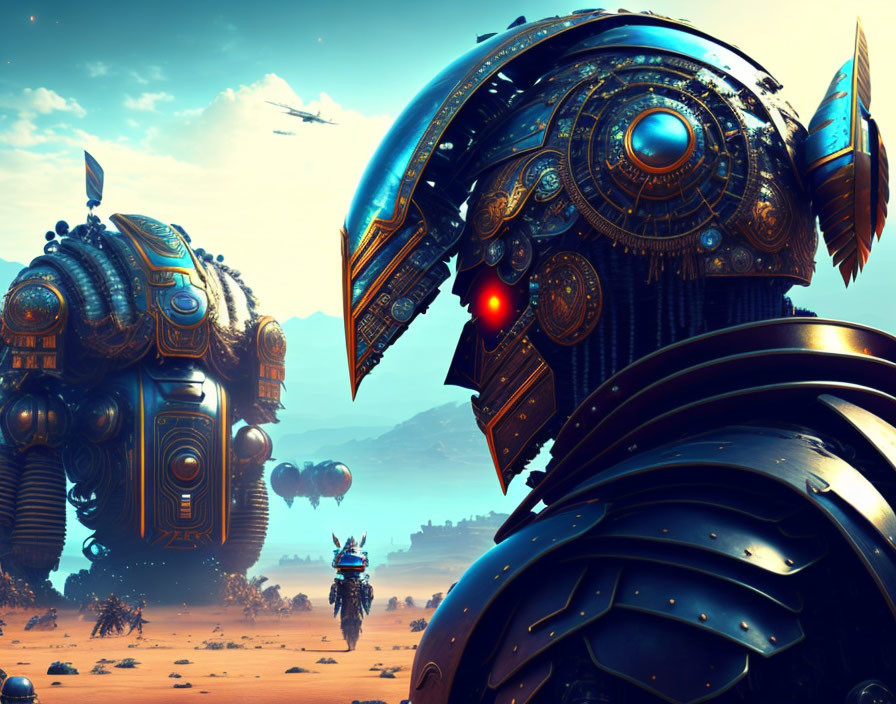 Elaborate futuristic giant robots in desert landscape with airships