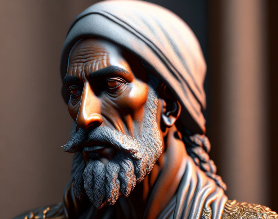 Detailed 3D rendering of male figure in turban with intricate beard