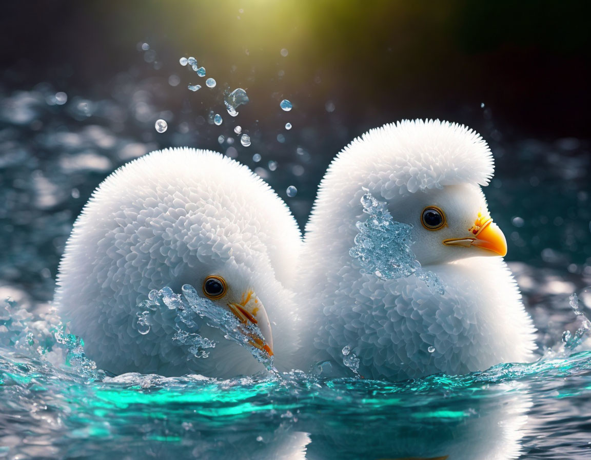 Fluffy White Creatures Floating on Water in Golden Sunlight