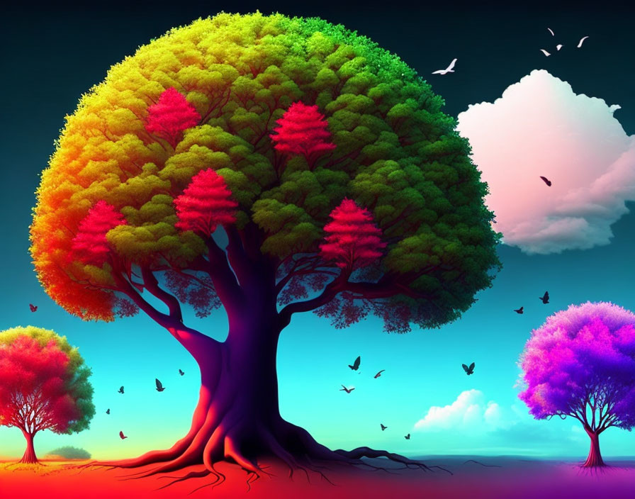 Colorful Trees with Gradient Hues, Twilight Sky, Birds, and Pink Clouds