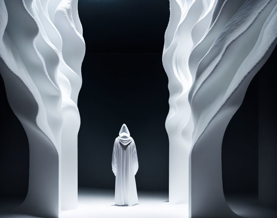 White Figure Amid Abstract Sculptures in Dimly Lit Space