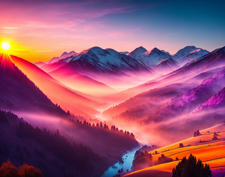 Misty Mountain Range Sunrise with Vibrant Colors