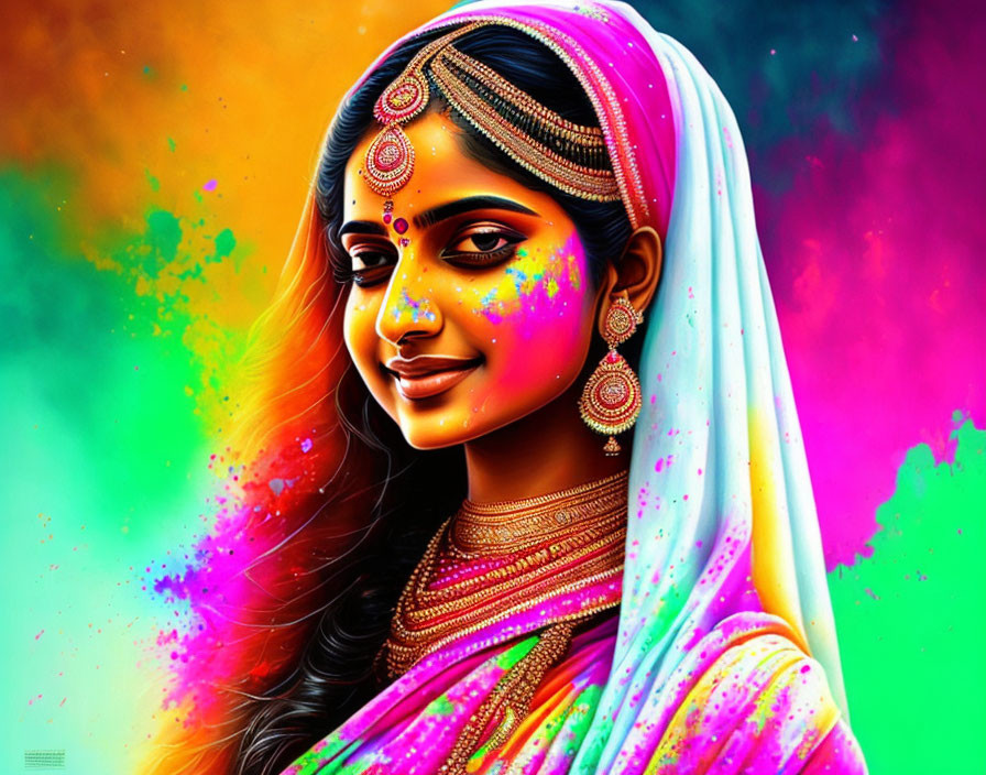 Colorful digital artwork of a woman in traditional Indian attire with Holi festival powders.