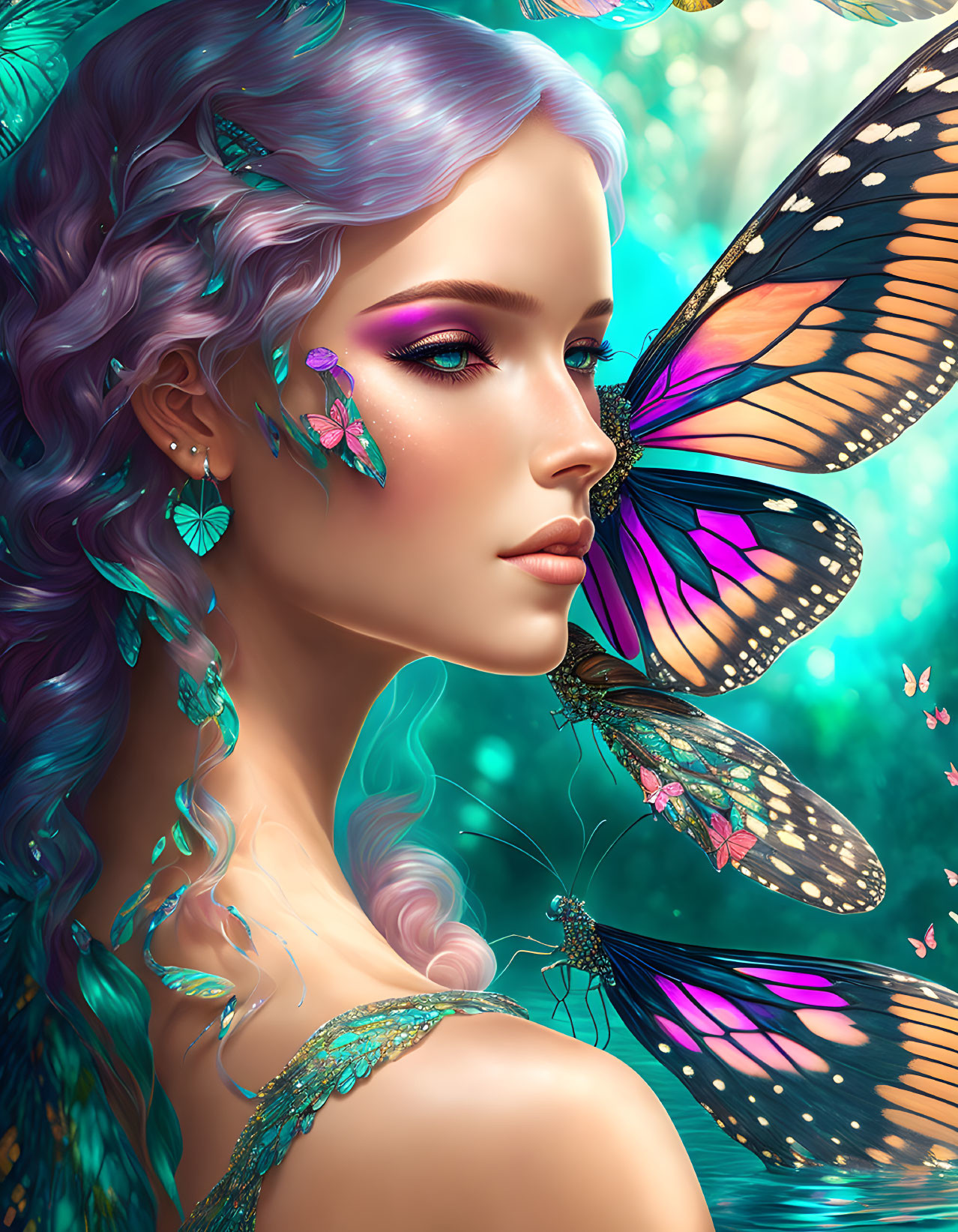 Lavender-haired woman with vibrant makeup and butterflies in serene setting