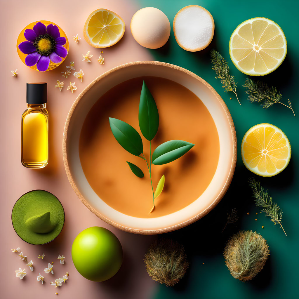 Flat Lay Composition of Natural Skincare Ingredients with Essential Oil, Citrus Fruits, Eggs, Leaves
