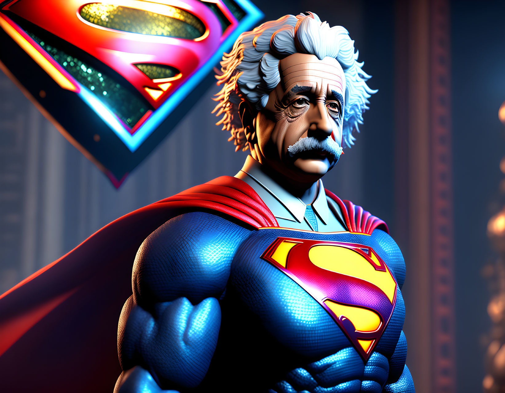 3D rendering: Albert Einstein's head on Superman's body in iconic suit