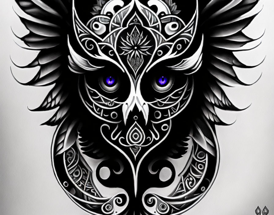 Detailed Monochrome Tribal Owl Illustration with Intricate Patterns and Striking Blue Eyes