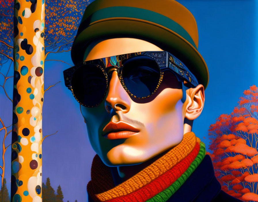 Vibrant autumnal forest portrait with man in sunglasses and hat