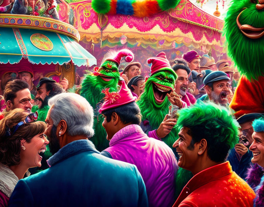 Colorful Fair Scene with Joyful People and Whimsical Green Creatures